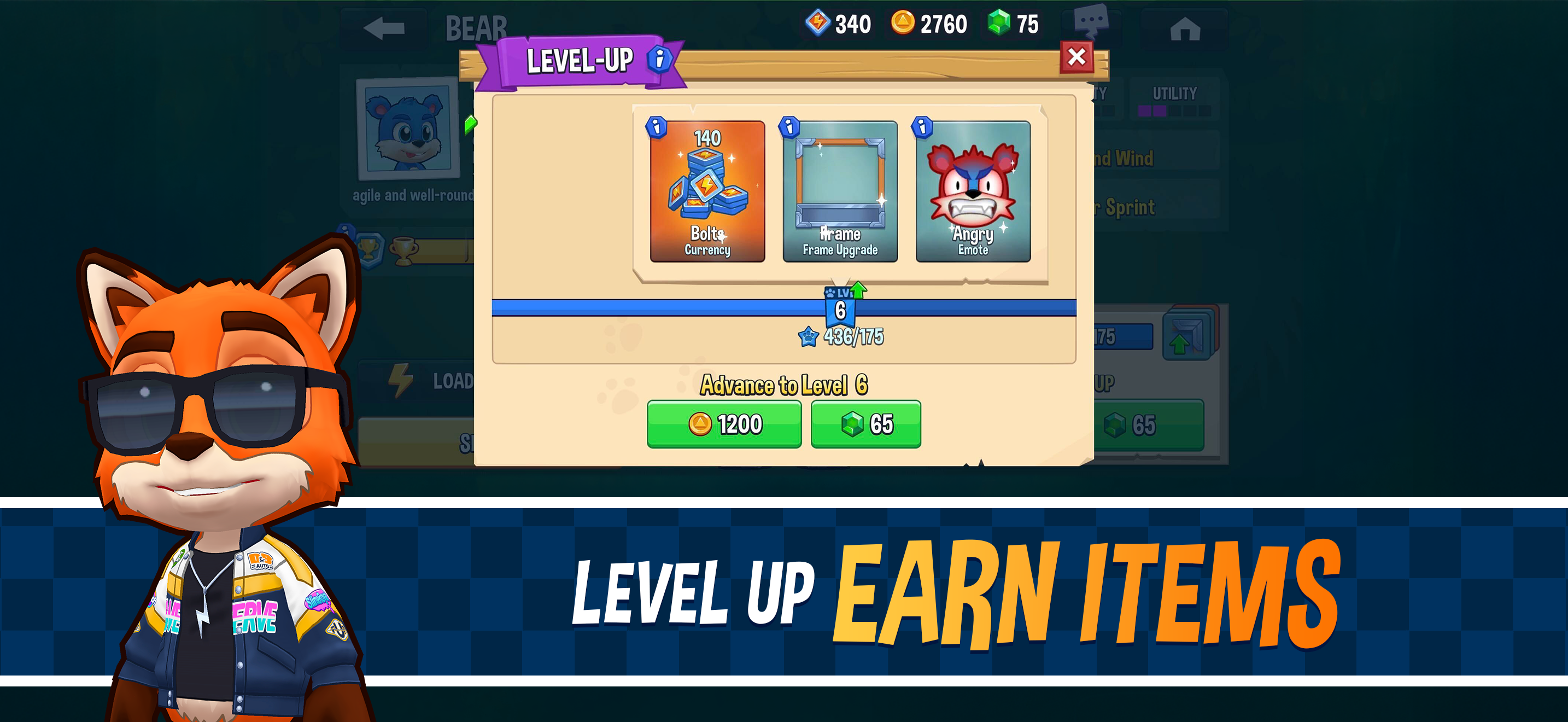 Fun Run 4 animal level-up screen showing progression rewards including Bolts currency, frame upgrades, and emotes — level up animals to unlock new powerups
